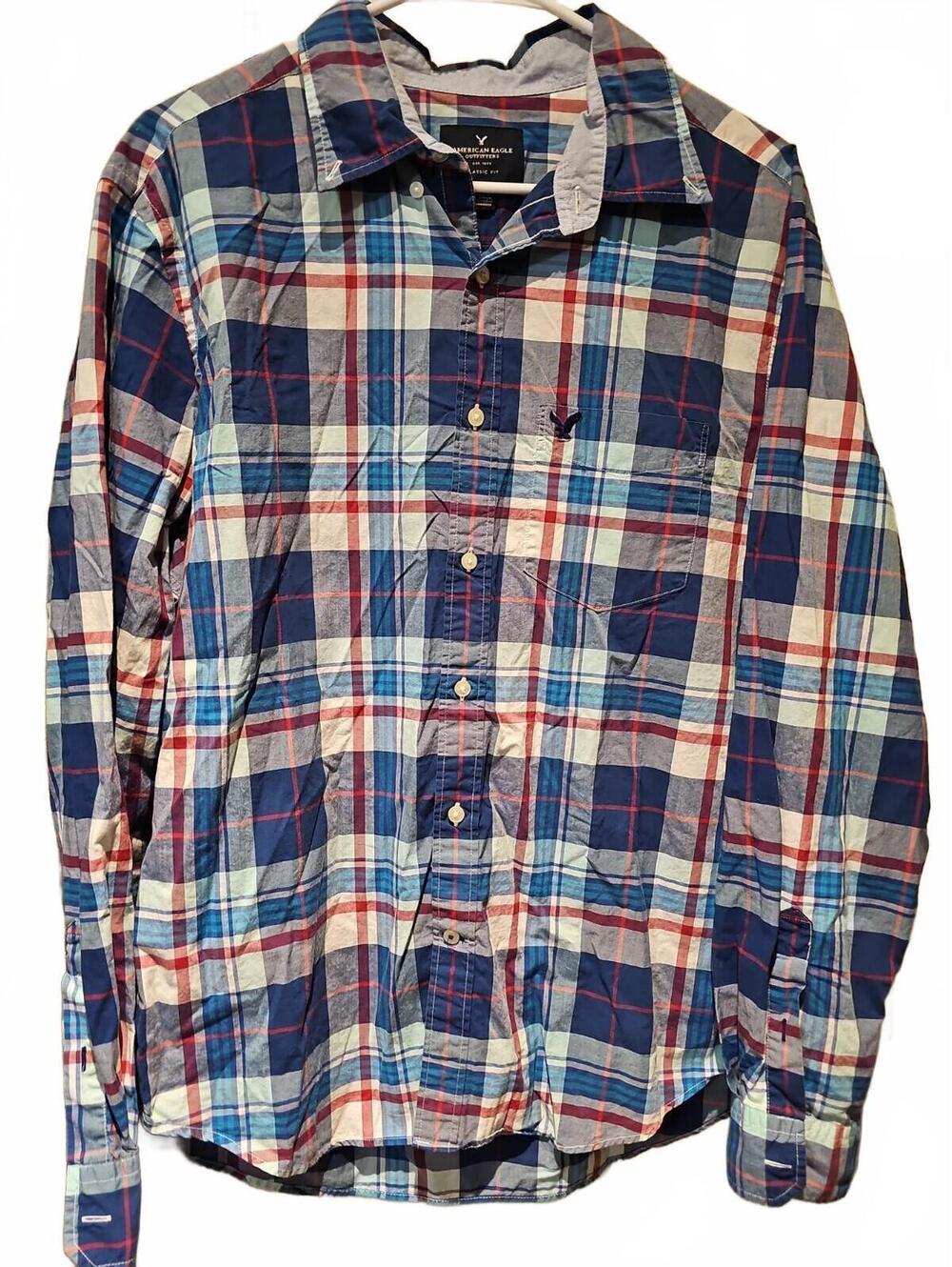 American Eagle Mens Large Button Down Long Sleeve Shirt Blue Plaid Chest Pocket